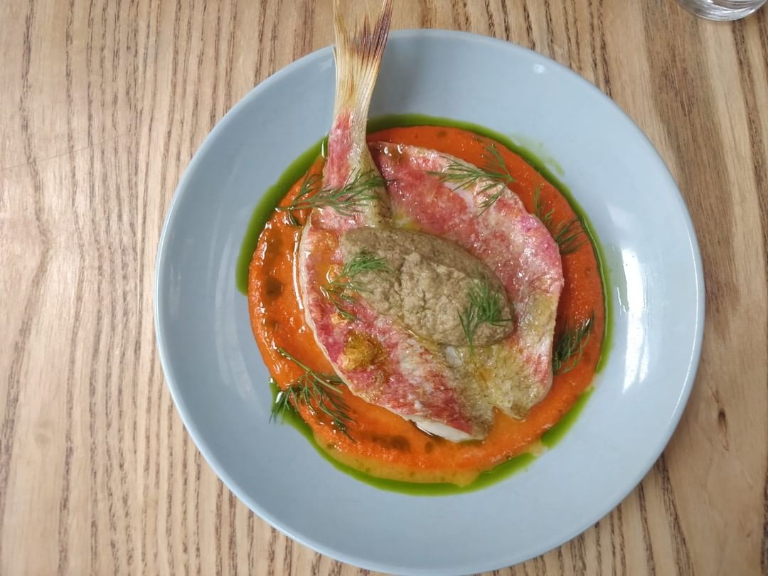 Grilled red mullet, romesco, cornicabra olive tapenade and dill. On today’s menu at Chapel Row#corkagebath #bath #batheats #fishfriday