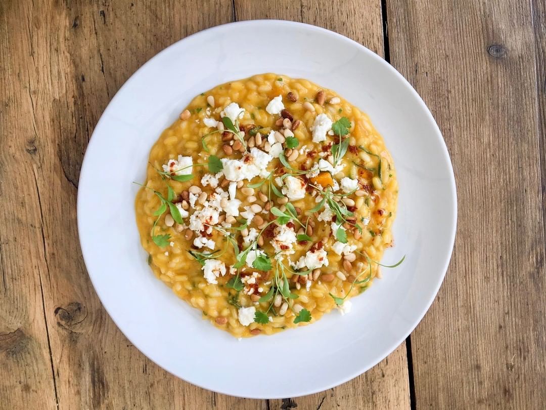 Squash risotto, Greek feta, toasted pine nuts, smoked chilli oil. One of our mains on the set lunch and pre-theatre menu at Chapel Row. £15 for two courses. £19 for three courses. #corkagebath #setlunch #batheats