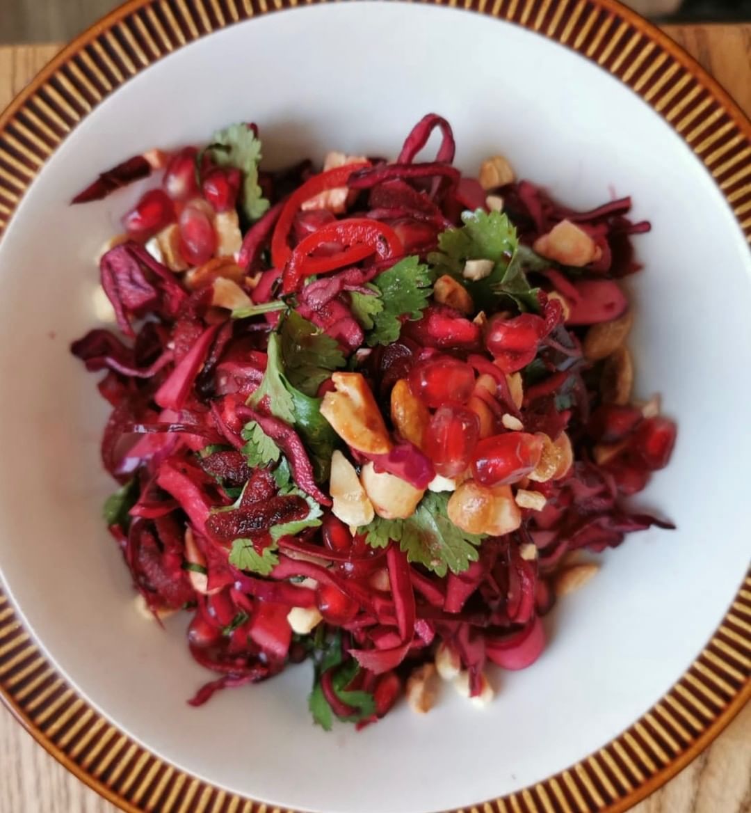 Our new ‘old’ salad (you’ll need to ask Chef what this means!) of red cabbage and beetroot, wilted in vinegar and salt, served with cashews, peanuts, pickled chilli, mint, coriander, pomegranate molasses and pomegranate seeds. Raw food, fresh flavours using the best wintery produce we can find. Now on at Chapel Row.