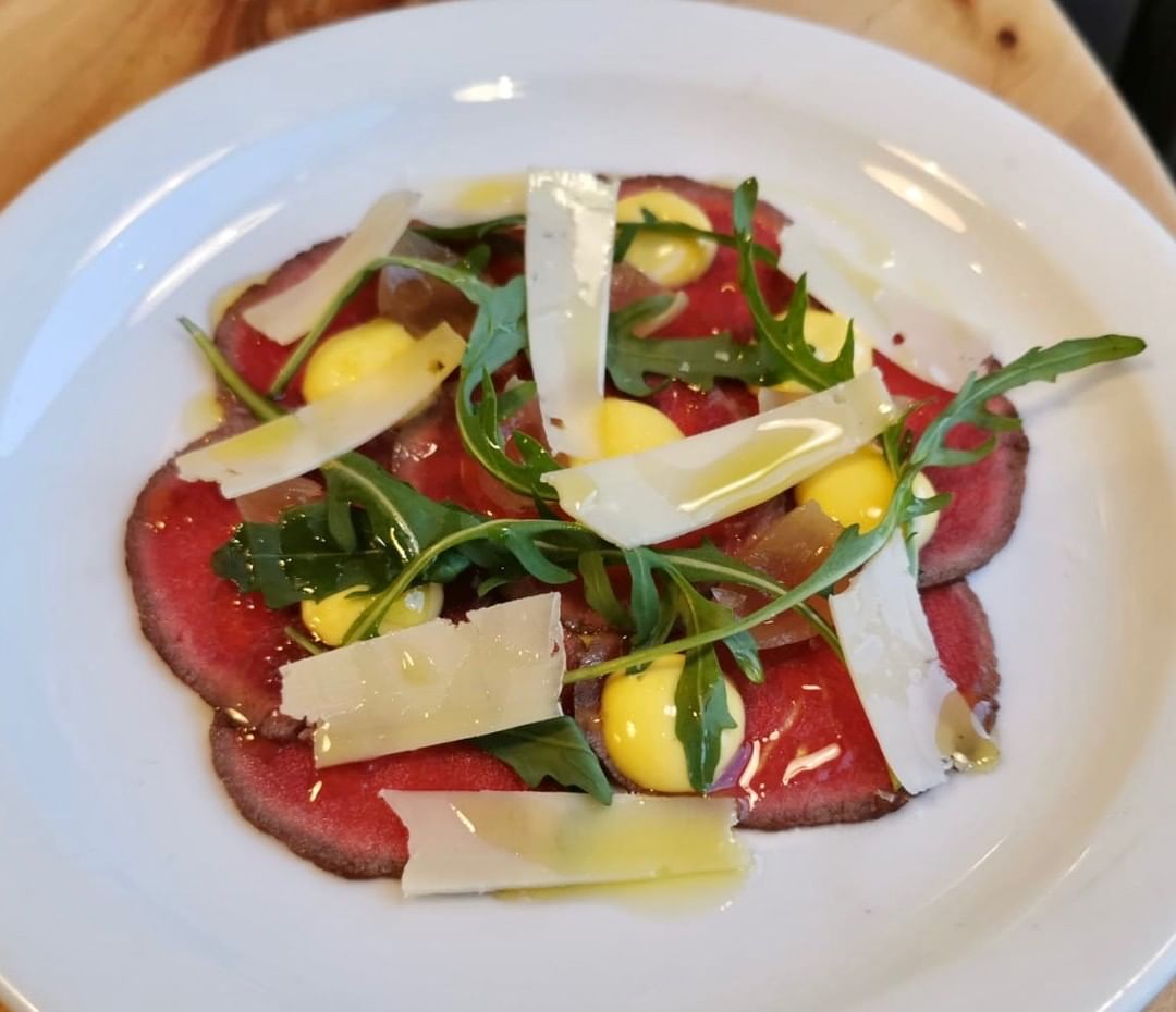 Venison loin carpaccio, smoked egg yolk emulsion, Cornish gouda. Pushing the boundaries here, people. You need to get involved with this.
